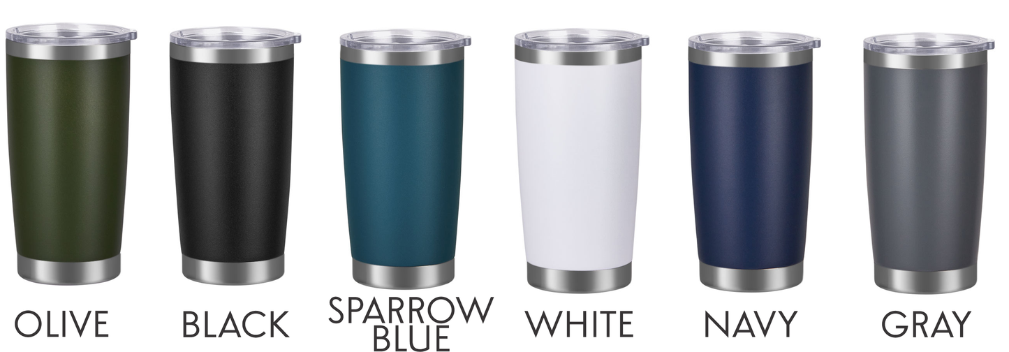 Set of six tumblers in different colors with color names below each.