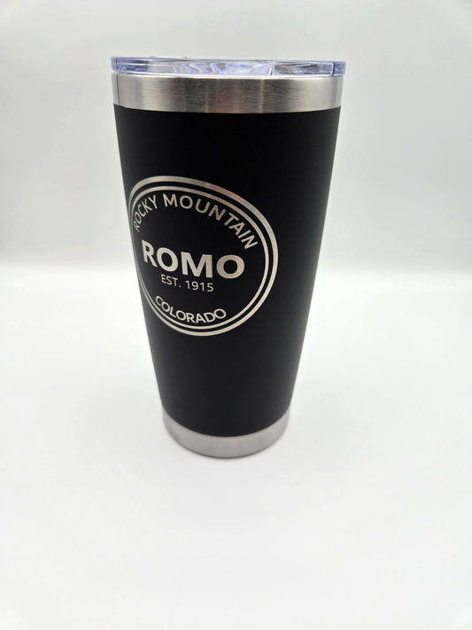 20oz insulated tumbler engraved with Rocky Mountain National Park logo