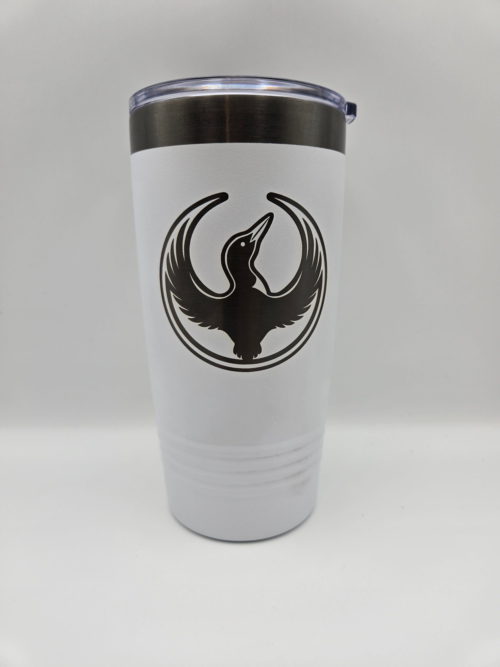 20oz White over black plating tumbler with laser engraved MN Rebel Loon logo