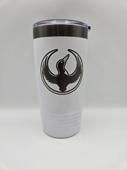20oz White over black plating tumbler with laser engraved MN Rebel Loon logo