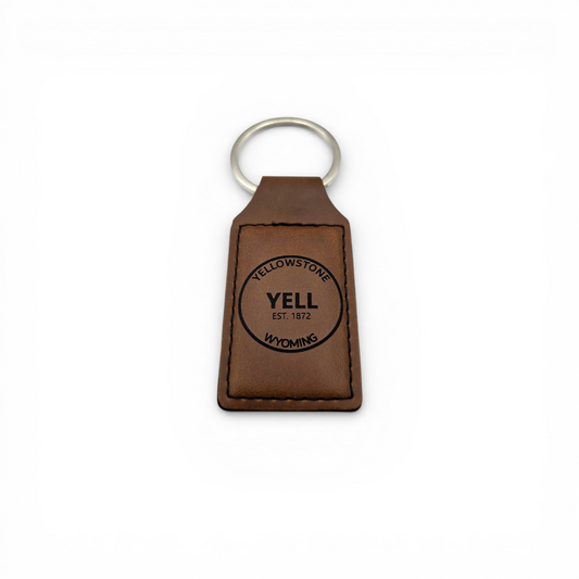 Yellowstone National Park leatherette keychain, laser engraved adventure tag in walnut by The 328 Collective