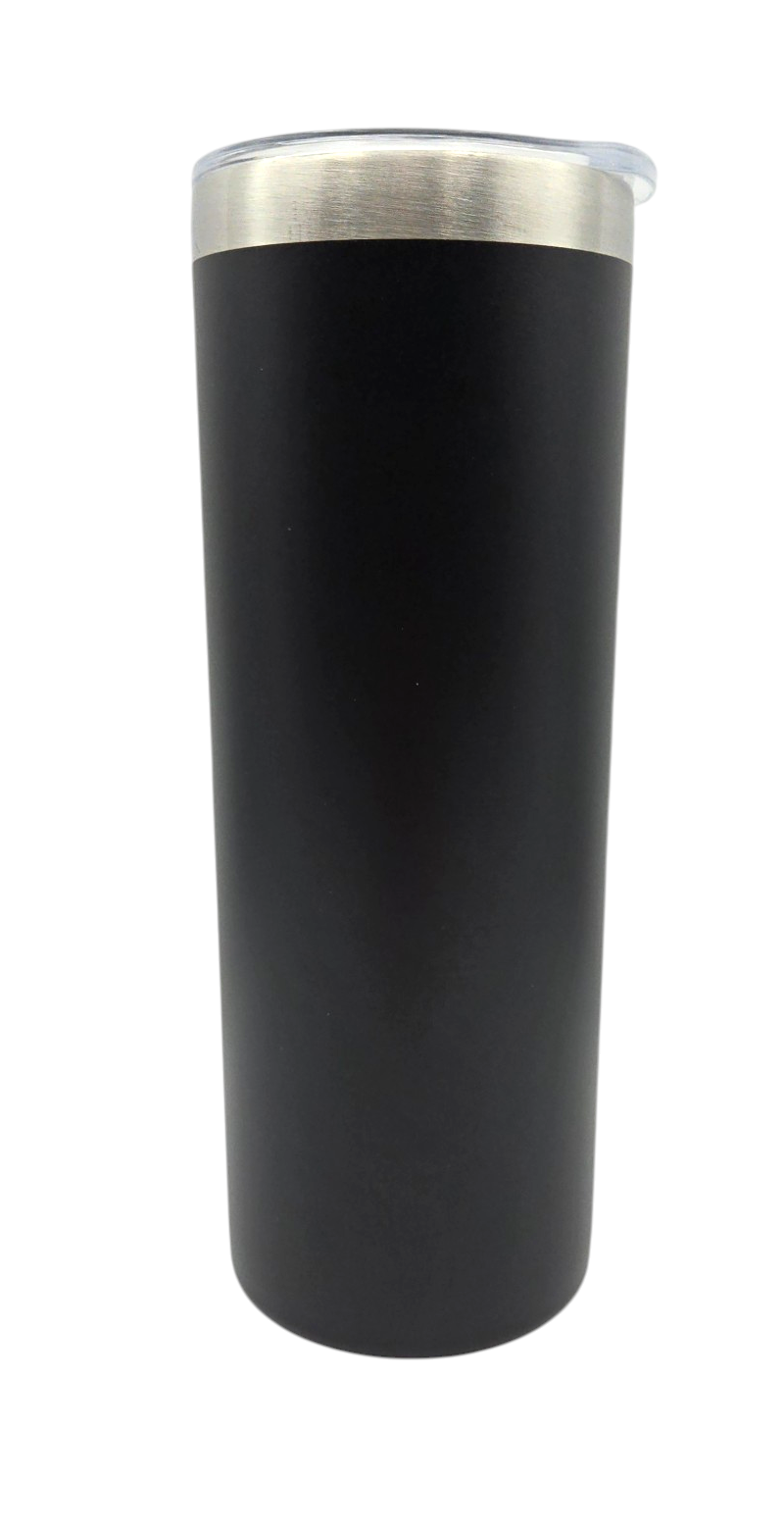 A tall, black insulated travel tumbler with a brushed stainless steel rim and a clear plastic lid, shown against a plain white background.