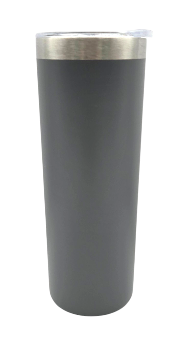 A tall, matte black insulated travel tumbler with a stainless steel rim and a clear plastic lid, shown on a plain white background.