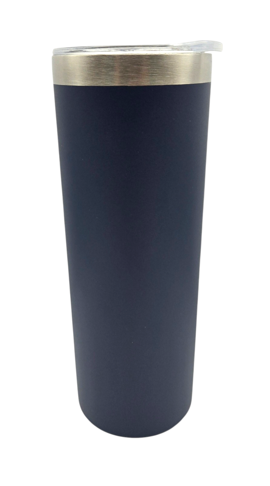 A tall, matte navy blue insulated travel tumbler with a brushed stainless steel rim and a clear plastic lid, shown on a plain white background.