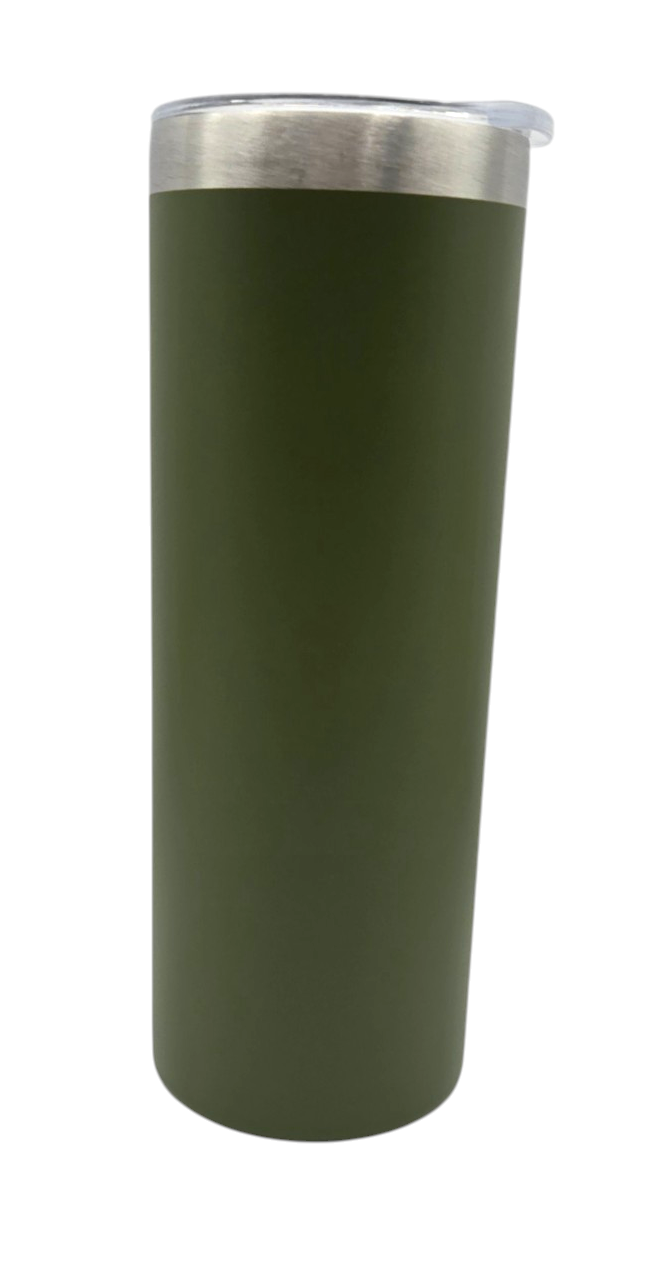 An olive green insulated travel tumbler with a clear plastic flip-top lid and a brushed silver metal rim, shown against a plain white background.
