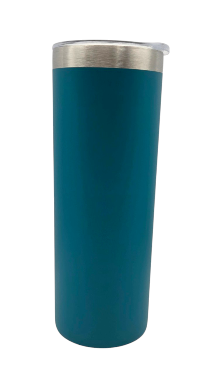 A tall, cylindrical insulated tumbler in a deep teal blue color with a brushed silver stainless steel rim and a matching lid, shown on a plain white background.