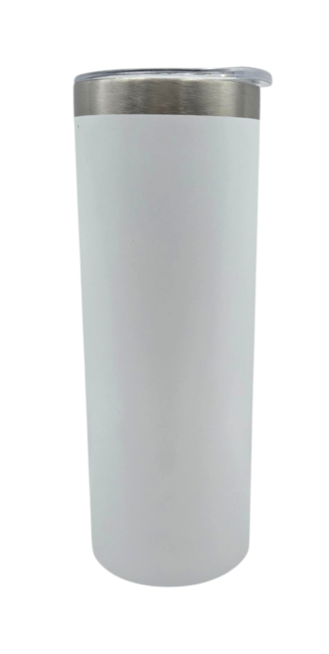 A tall, cylindrical insulated tumbler with a matte white body and a brushed silver stainless steel rim, shown on a plain white background.
