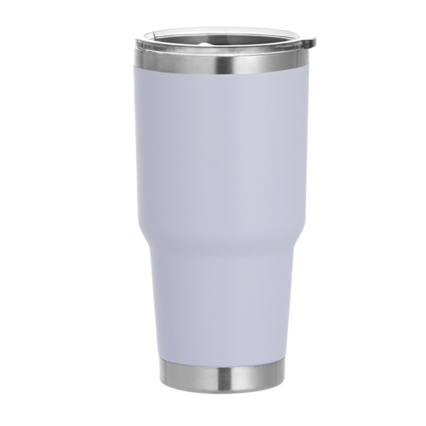 White tumbler with silver rim on a white background
