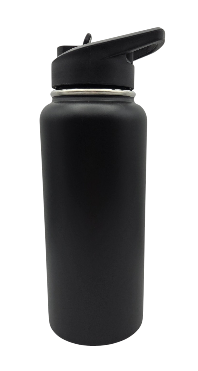 A matte black insulated water bottle with a flip-top lid, shown against a plain white background.