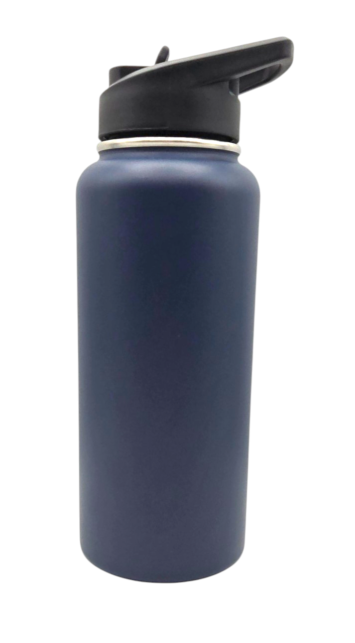 A matte navy blue insulated water bottle with a black flip-top lid, shown on a plain white background.
