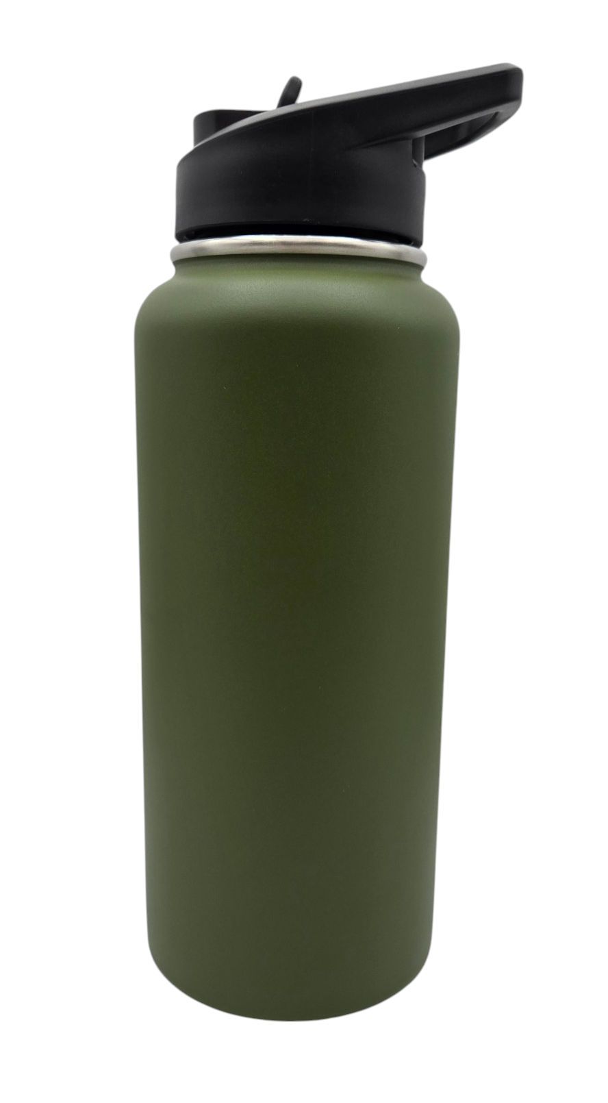 An olive green insulated water bottle with a black flip-top lid, shown against a plain white background.