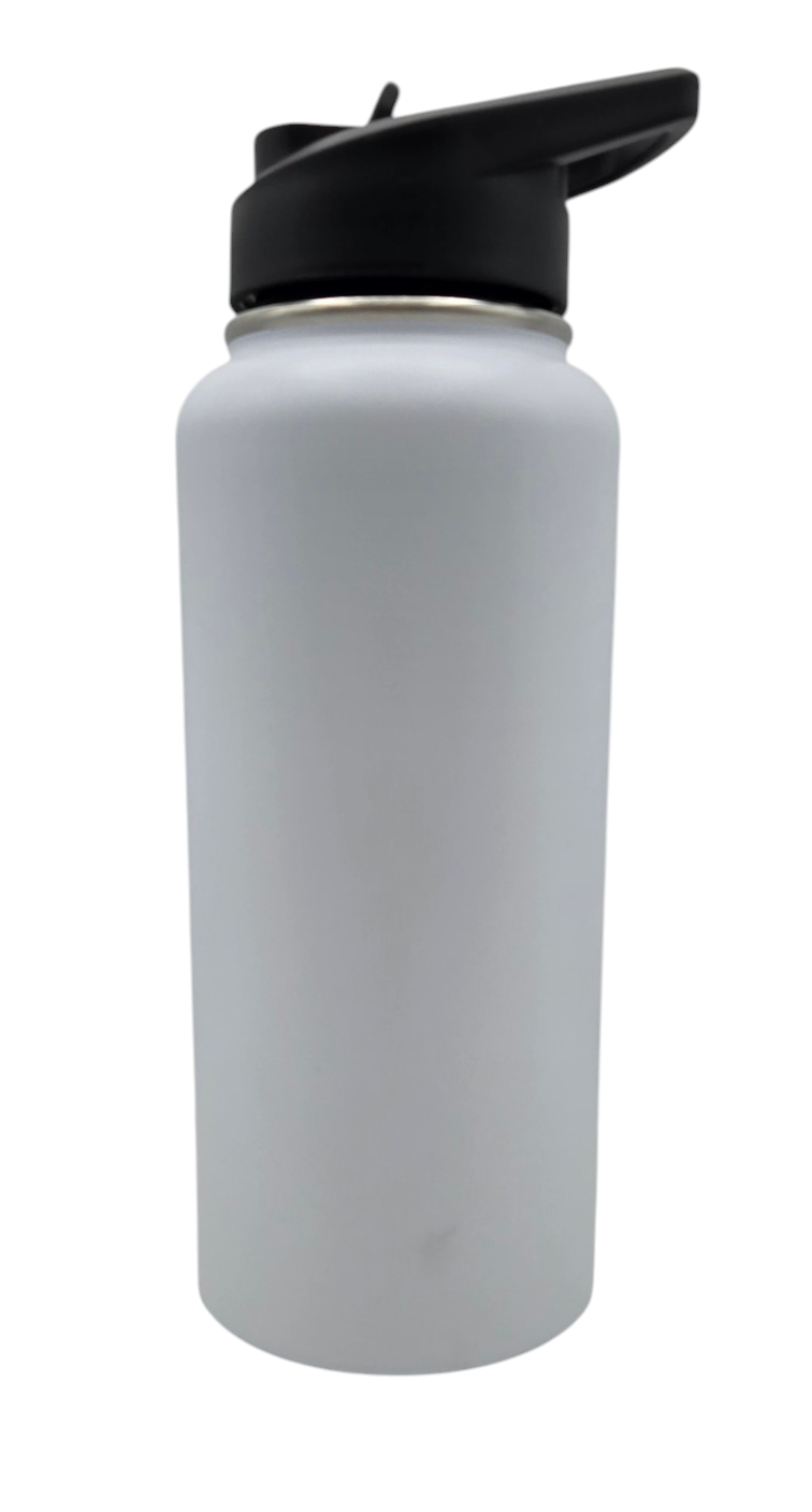 A matte white insulated water bottle with a black flip-top lid, shown against a plain white background.